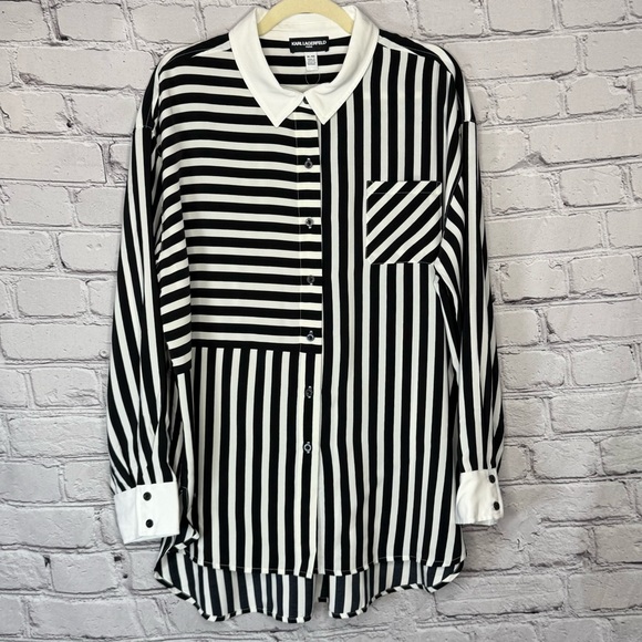 KARL LAGERFELD PARIS High Low Striped Button Down Shirt XL - Picture 5 of 10